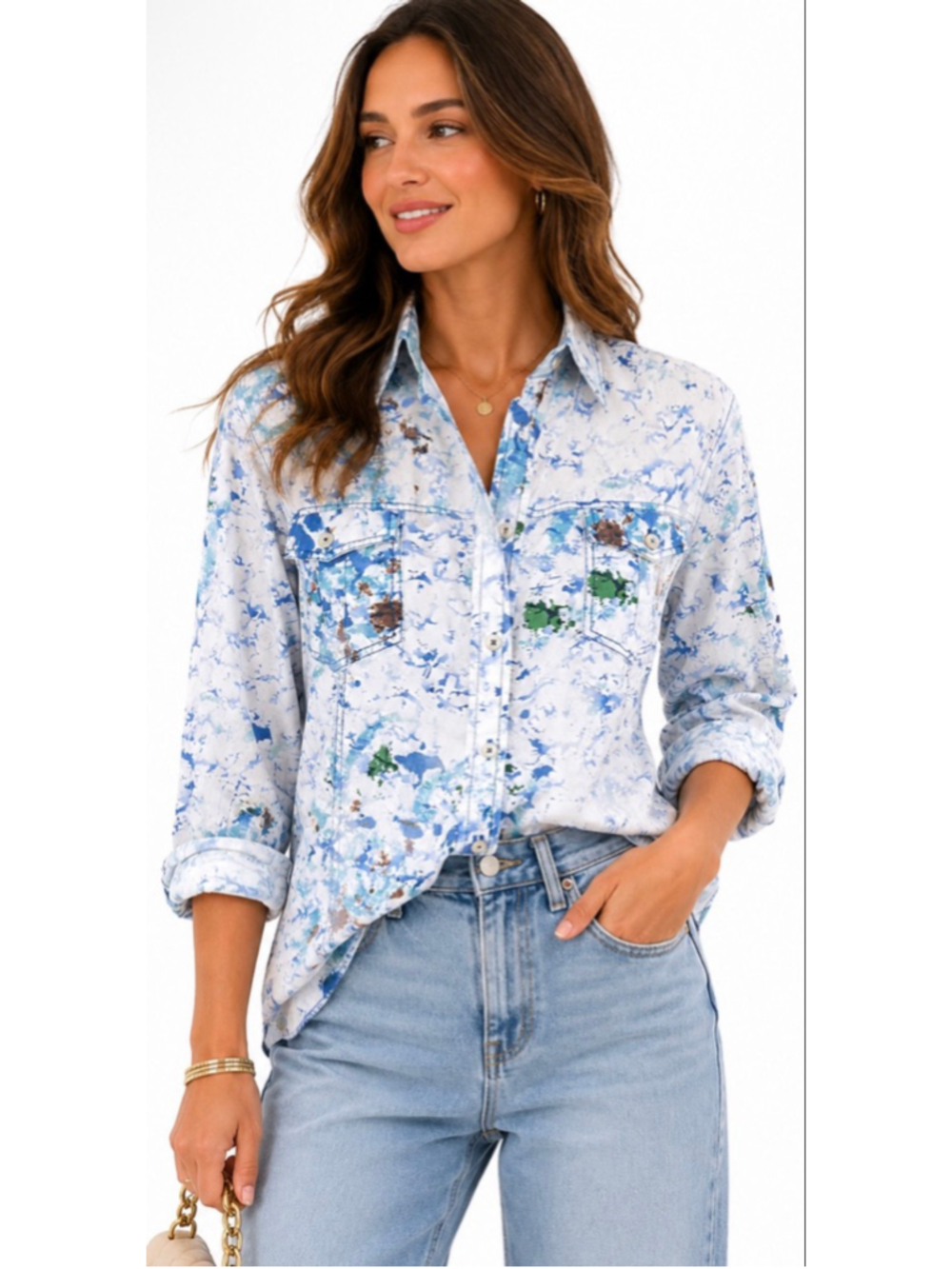 New Georg Roth Button Down Shirt M White Blue Abstract Print